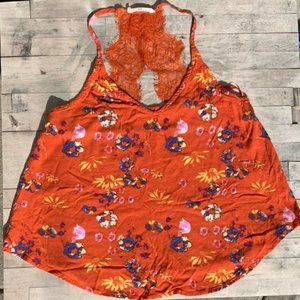 Boho Orange Floral and Lace Top Sz Medium